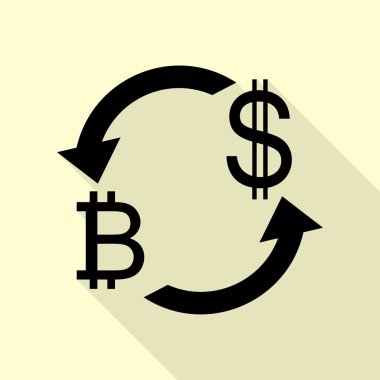 Döviz Alım Satım işareti. Bitcoin ve ABD Doları. Düz stil gölge yoluyla krem arka plan üzerinde siyah simgesi.