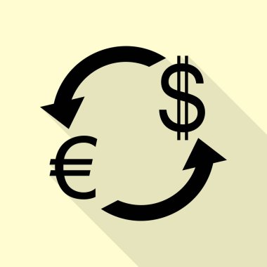 Döviz Alım Satım işareti. Euro ve ABD Doları. Düz stil gölge yoluyla krem arka plan üzerinde siyah simgesi.