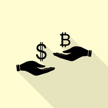 El el üzerinden Döviz Alım Satım. Dolar ve Bitcoin. Düz stil gölge yoluyla krem arka plan üzerinde siyah simgesi.