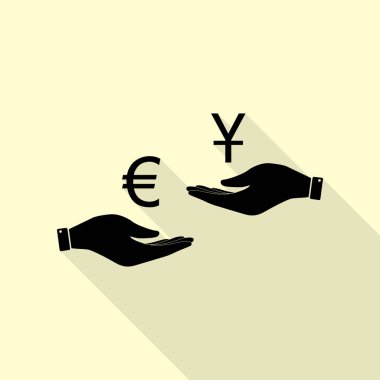 El el üzerinden Döviz Alım Satım. Euro ve Yuan. Düz stil gölge yoluyla krem arka plan üzerinde siyah simgesi.