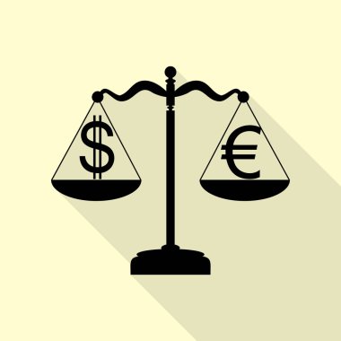Adalet Döviz Alım Satım işaretiyle ölçekler. Düz stil gölge yoluyla krem arka plan üzerinde siyah simgesi.