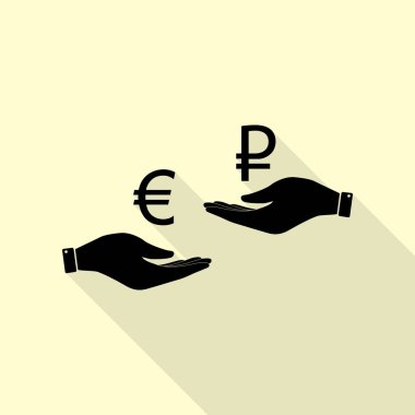 El el üzerinden Döviz Alım Satım. Euro ve Rublesi. Düz stil gölge yoluyla krem arka plan üzerinde siyah simgesi.