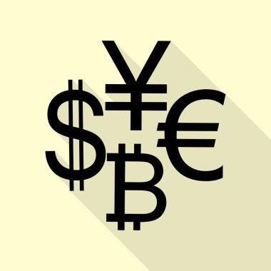 Para birimi koleksiyon Doları, euro, bitcoin, yen oturum açın. Düz stil gölge yoluyla krem arka plan üzerinde siyah simgesi.
