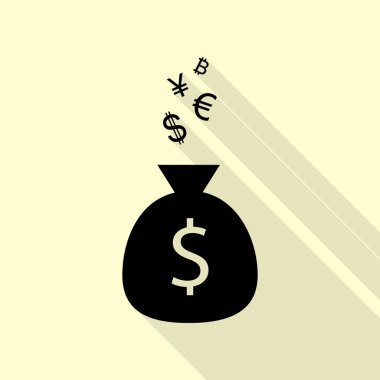 Para çantası işareti para birimi simgeleri ile. Düz stil gölge yoluyla krem arka plan üzerinde siyah simgesi.