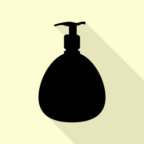 Gel, Schaum oder Flüssigseife. Spender Pumpe Kunststoffflaschensilhouette. schwarzes Symbol mit flachem Schattenpfad auf cremefarbenem Hintergrund. — Stockvektor