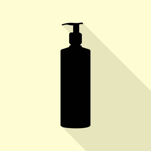 Gel, schiuma o sapone liquido. Dispenser pompa bottiglia di plastica silhouette. Icona nera con percorso ombra in stile piatto su sfondo crema . — Vettoriale Stock