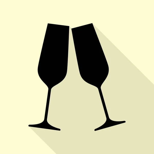Verres à champagne pétillants. Icône noire avec chemin d'ombre de style plat sur fond crème . — Image vectorielle