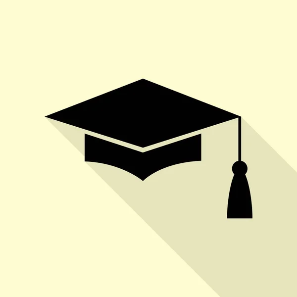 Tablero de mortero o casquillo de graduación, símbolo de educación. Icono negro con camino de sombra de estilo plano sobre fondo crema . — Vector de stock