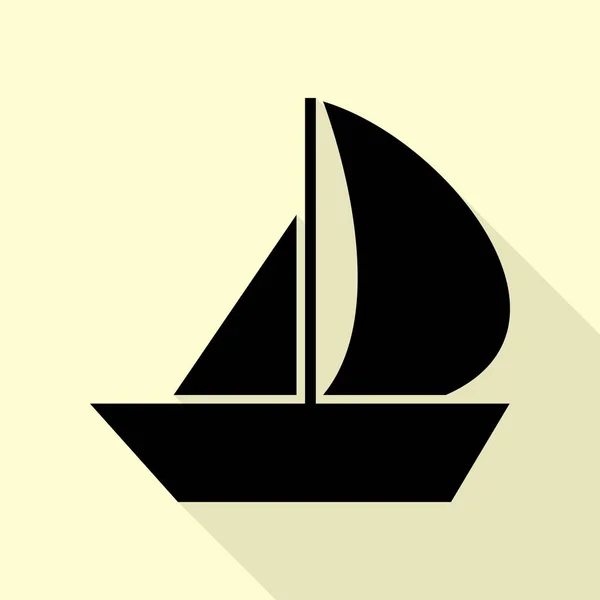 Sail Boat segno. Icona nera con percorso ombra in stile piatto su sfondo crema . — Vettoriale Stock