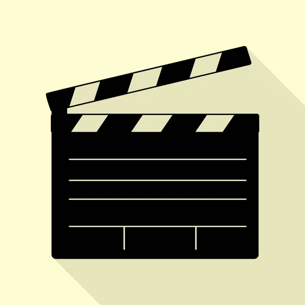 Film clap board bioscoop teken. Zwarte pictogram met vlakke stijl schaduw pad op crème achtergrond. — Stockvector