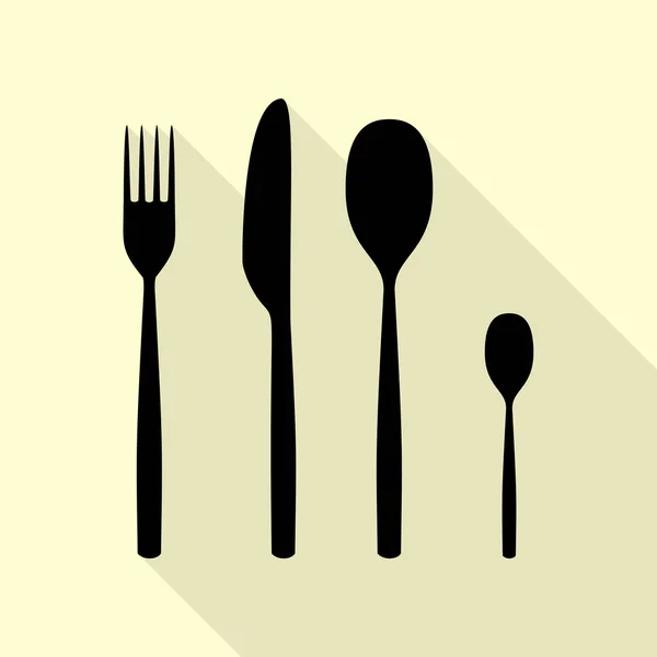 Cucchiaio a forchetta e segno del coltello. Icona nera con percorso ombra in stile piatto su sfondo crema . — Vettoriale Stock