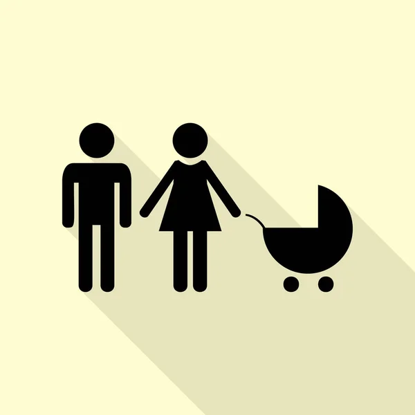 Familie teken de afbeelding. Zwarte pictogram met vlakke stijl schaduw pad op crème achtergrond. — Stockvector