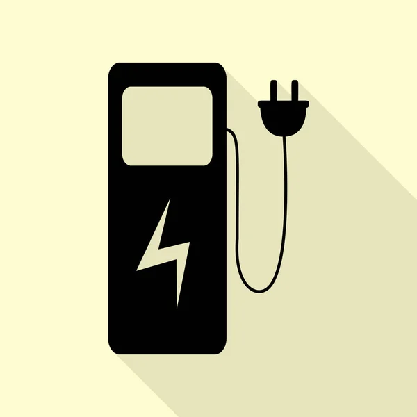 Señal de la estación de carga del coche eléctrico. Icono negro con camino de sombra de estilo plano sobre fondo crema . — Vector de stock