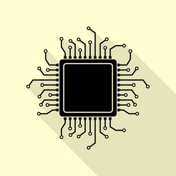 Иллюстрация микропроцессора CPU. Черная иконка с плоской тенью пути на кремовом фоне
.
