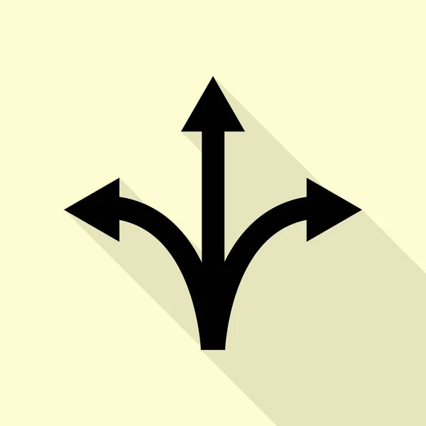 3 ウェイ方向矢印標識。クリーム色の背景上のフラット スタイル影パスと黒のアイコン. — ストックベクタ