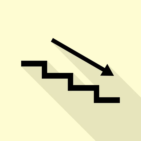 Stair down with arrow. Black icon with flat style shadow path on cream background. — Stock Vector