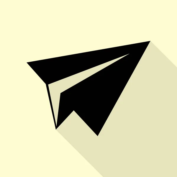 Χαρτί αεροπλάνο σημάδι. Μαύρο εικονίδιο με επίπεδη στυλ σκιάς διαδρομή σε κρέμα φόντο. — Διανυσματικό Αρχείο
