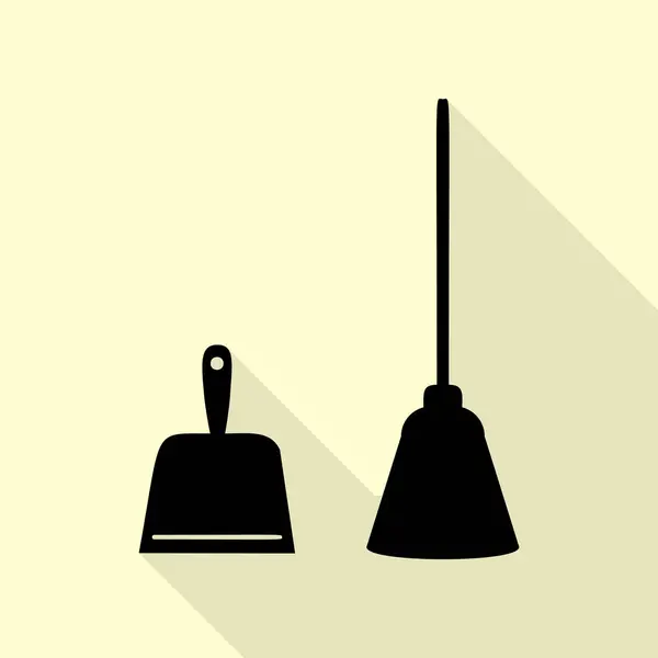 Dustpan vector sign. Scoop for cleaning garbage housework dustpan equipment. Black icon with flat style shadow path on cream background. — Stock Vector