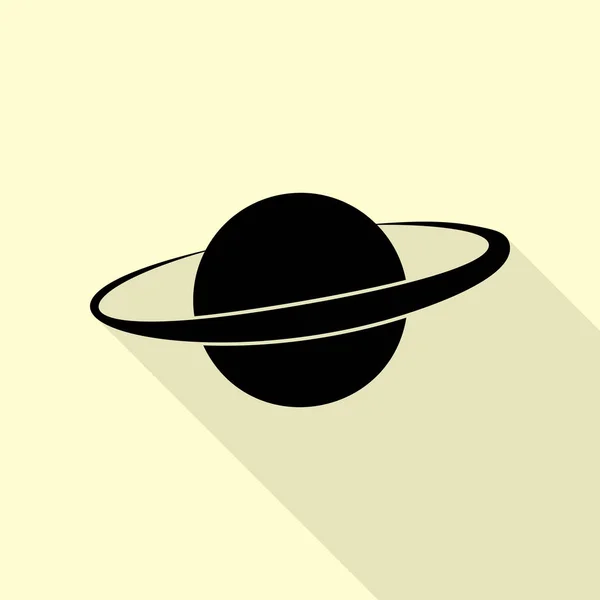 Planet im Weltraumzeichen. schwarzes Symbol mit flachem Schattenpfad auf cremefarbenem Hintergrund. — Stockvektor