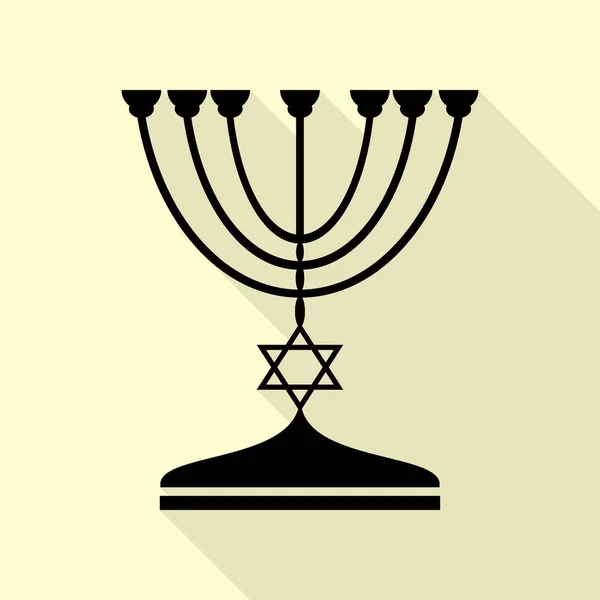 Jewish Menorah candlestick in black silhouette. Black icon with flat style shadow path on cream background. — Stock Vector
