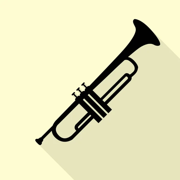 Instrumento musical Signo de trompeta. Icono negro con camino de sombra de estilo plano sobre fondo crema . — Vector de stock
