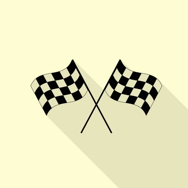 モーター スポーツの概念の風になびかせてチェッカーフラッグ ロゴを渡った。クリーム色の背景上のフラット スタイル影パスと黒のアイコン. — ストックベクタ