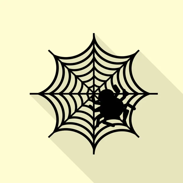 Spider on web illustration Icono negro con camino de sombra de estilo plano sobre fondo crema . — Vector de stock