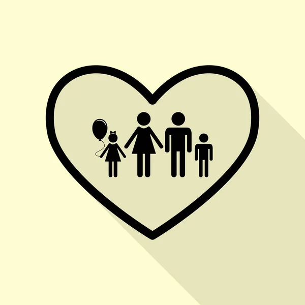 Familie teken illustratie in hart vorm. Zwarte pictogram met vlakke stijl schaduw pad op crème achtergrond. — Stockvector