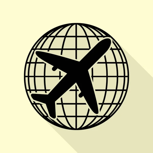 Globe and plane travel sign. Black icon with flat style shadow path on cream background. — Stock Vector