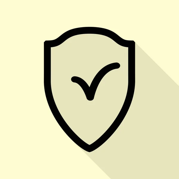 Sköld tecken som skydd och försäkringar symbol svart ikon med platt stil skugga sökväg på kräm bakgrund. — Stock vektor