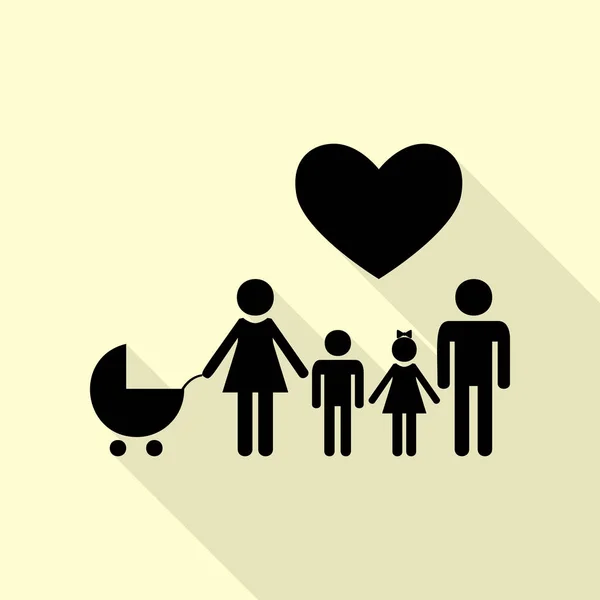 Family sign with heart. Husband and wife are kept childrens hands. Black icon with flat style shadow path on cream background. — Stock Vector