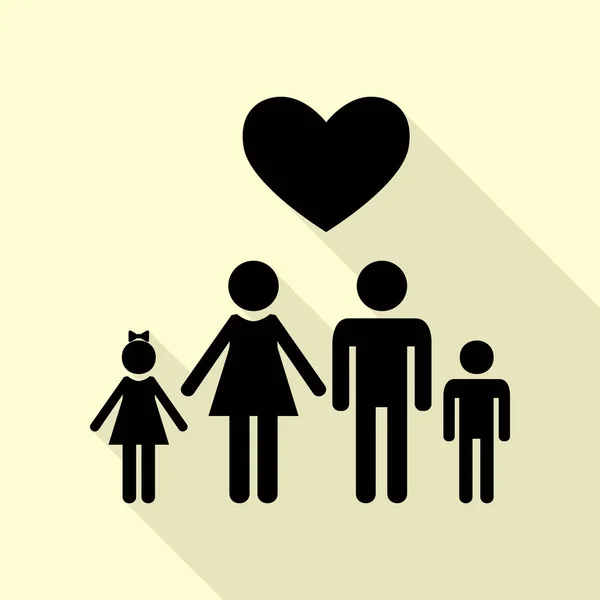 Símbolo familiar con corazón. El marido y la esposa se mantienen manos de niños. Amor. Icono negro con camino de sombra de estilo plano sobre fondo crema . — Vector de stock