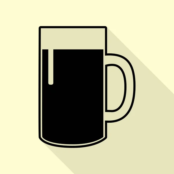 Segno di vetro di birra. Icona nera con percorso ombra in stile piatto su sfondo crema . — Vettoriale Stock