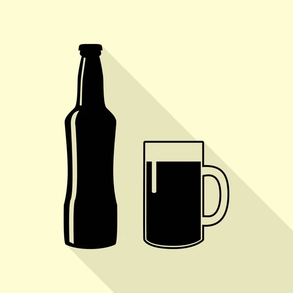 Bierflaschenschild. schwarzes Symbol mit flachem Schattenpfad auf cremefarbenem Hintergrund. — Stockvektor