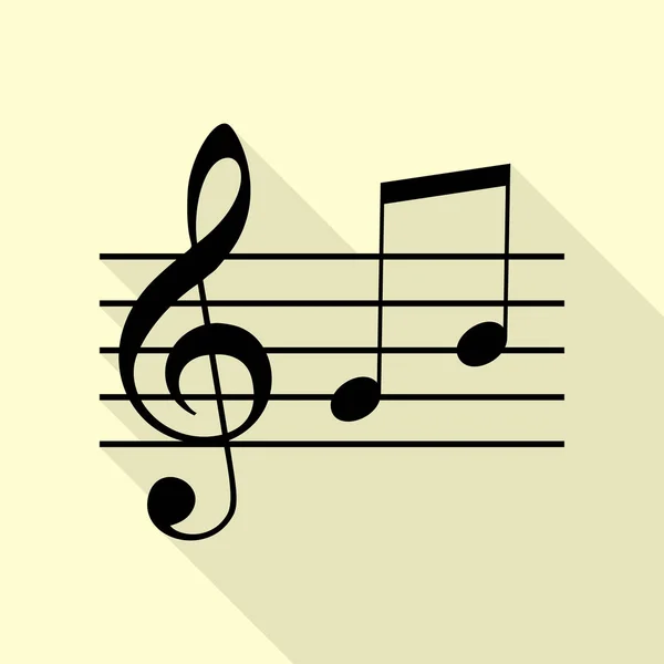 Signo de violino de música. G-clef e notas G, H. Ícone preto com caminho de sombra de estilo plano no fundo creme . — Vetor de Stock