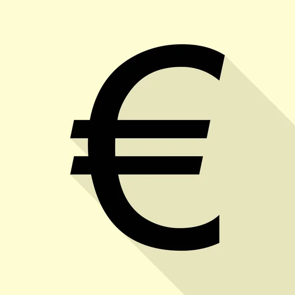 Signo euro. Icono negro con camino de sombra de estilo plano sobre fondo crema . — Vector de stock