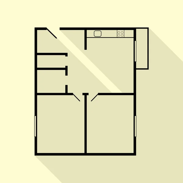 Wohnhaus Grundrisse. schwarzes Symbol mit flachem Schattenpfad auf cremefarbenem Hintergrund. — Stockvektor