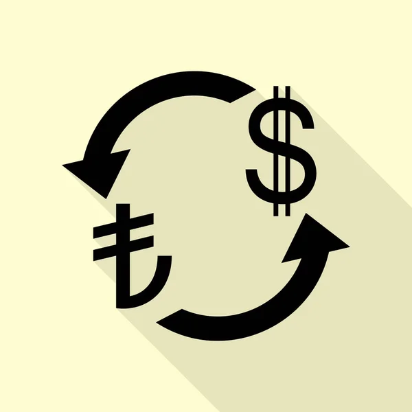 Signo de cambio de divisas. Turquía Lira y Dólar estadounidense. Icono negro con camino de sombra de estilo plano sobre fondo crema . — Vector de stock