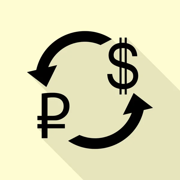 Signo de cambio de divisas. Rublo y dólar estadounidense Icono negro con camino de sombra de estilo plano sobre fondo crema . — Archivo Imágenes Vectoriales