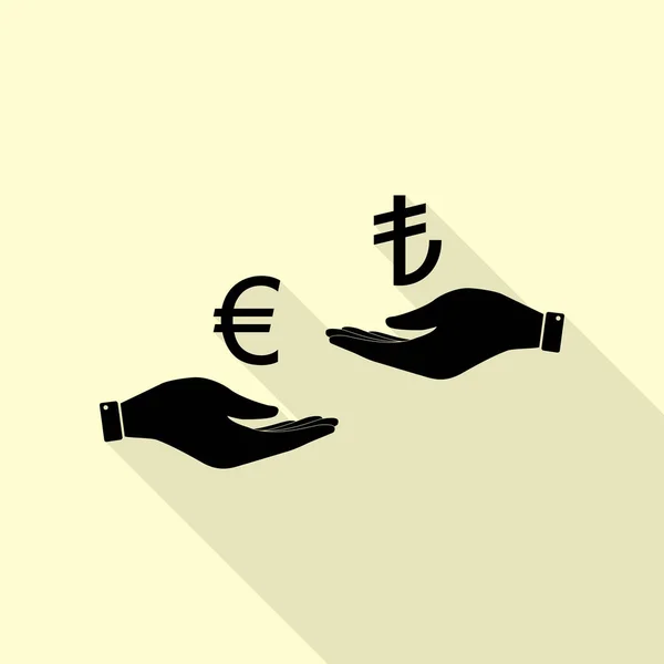Valutawissel van hand in hand. Euro en Lira. Zwarte pictogram met vlakke stijl schaduw pad op crème achtergrond. — Stockvector