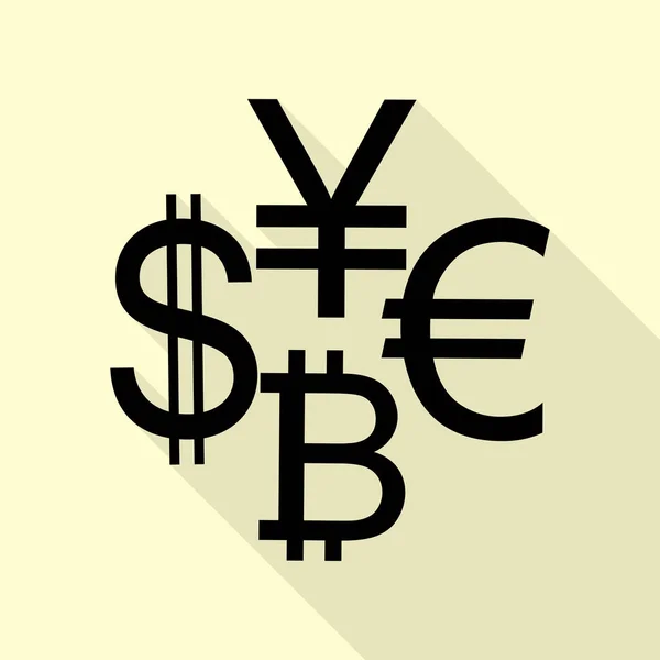 Валюта підписати колекції долар, євро, bitcoin ієн. Чорний значок з плоскою стиль тіні шлях на тлі крем. — стоковий вектор