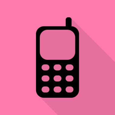 Cep telefonu işareti. Düz stil gölge yoluyla pembe bir arka plan üzerinde siyah simgesi.