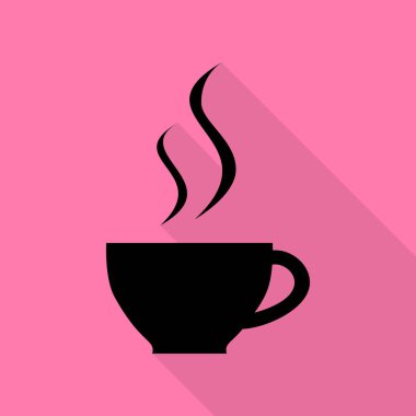 Bir fincan kahve işareti. Düz stil gölge yoluyla pembe bir arka plan üzerinde siyah simgesi.