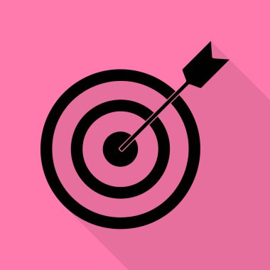 Dart ile hedef. Düz stil gölge yoluyla pembe bir arka plan üzerinde siyah simgesi.