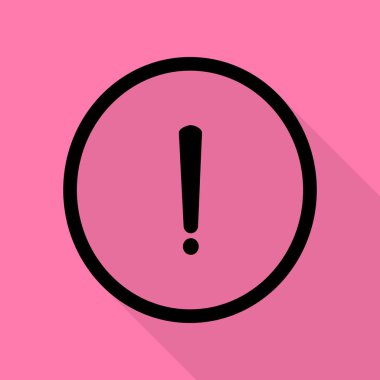 Ünlem işareti işareti. Düz stil gölge yoluyla pembe bir arka plan üzerinde siyah simgesi.