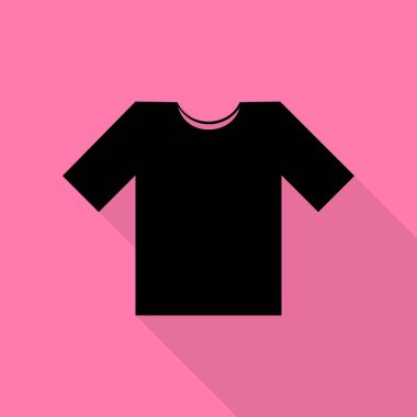 T-shirt işareti illüstrasyon. Düz stil gölge yoluyla pembe bir arka plan üzerinde siyah simgesi.