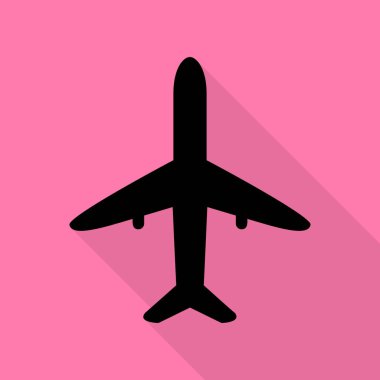 Uçak işareti illüstrasyon. Düz stil gölge yoluyla pembe bir arka plan üzerinde siyah simgesi.