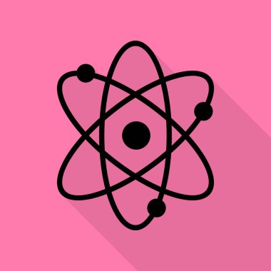 Atom işareti illüstrasyon. Düz stil gölge yoluyla pembe bir arka plan üzerinde siyah simgesi.