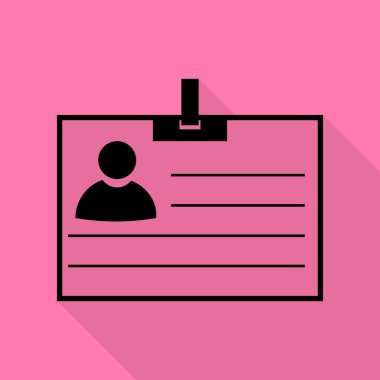 Kimlik kartı işareti. Düz stil gölge yoluyla pembe bir arka plan üzerinde siyah simgesi.