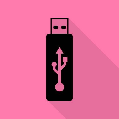 Vektör Usb birden parlamak götürmek işareti. Düz stil gölge yoluyla pembe bir arka plan üzerinde siyah simgesi.